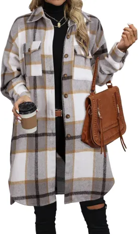 NIeyook Plaid Shacket Jacket Women Button Down Long Flannel Shirt Fall Oversized Jackets Casual Shaket Lapel Winter Coats