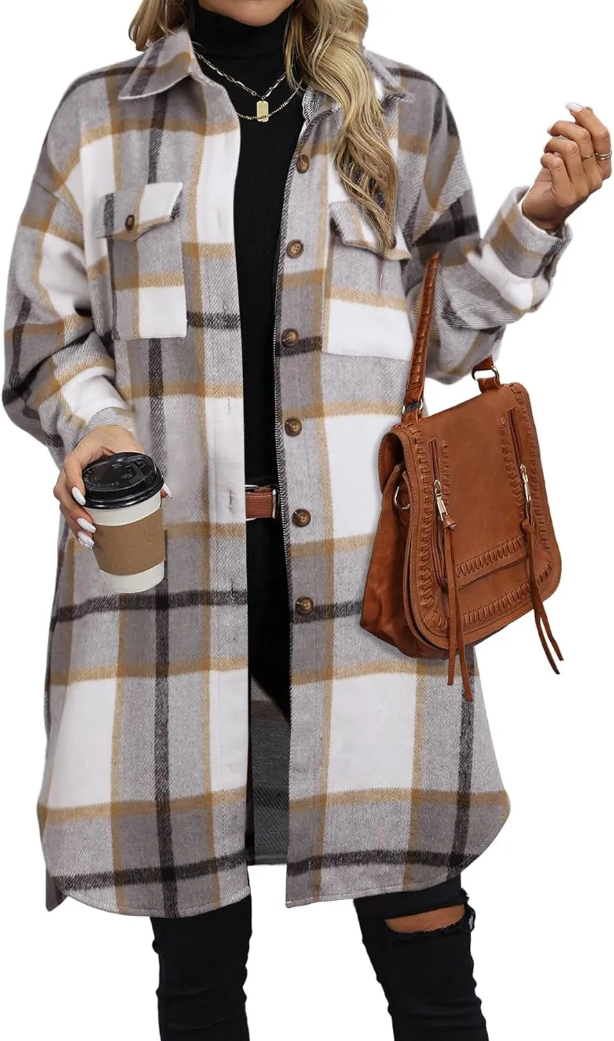 NIeyook Plaid Shacket Jacket Women Button Down Long Flannel Shirt Fall Oversized Jackets Casual Shaket Lapel Winter Coats
