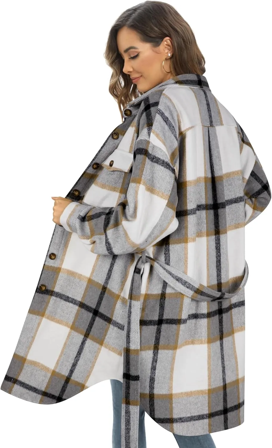 NIeyook Plaid Shacket Jacket Women Button Down Long Flannel Shirt Fall Oversized Jackets Casual Shaket Lapel Winter Coats