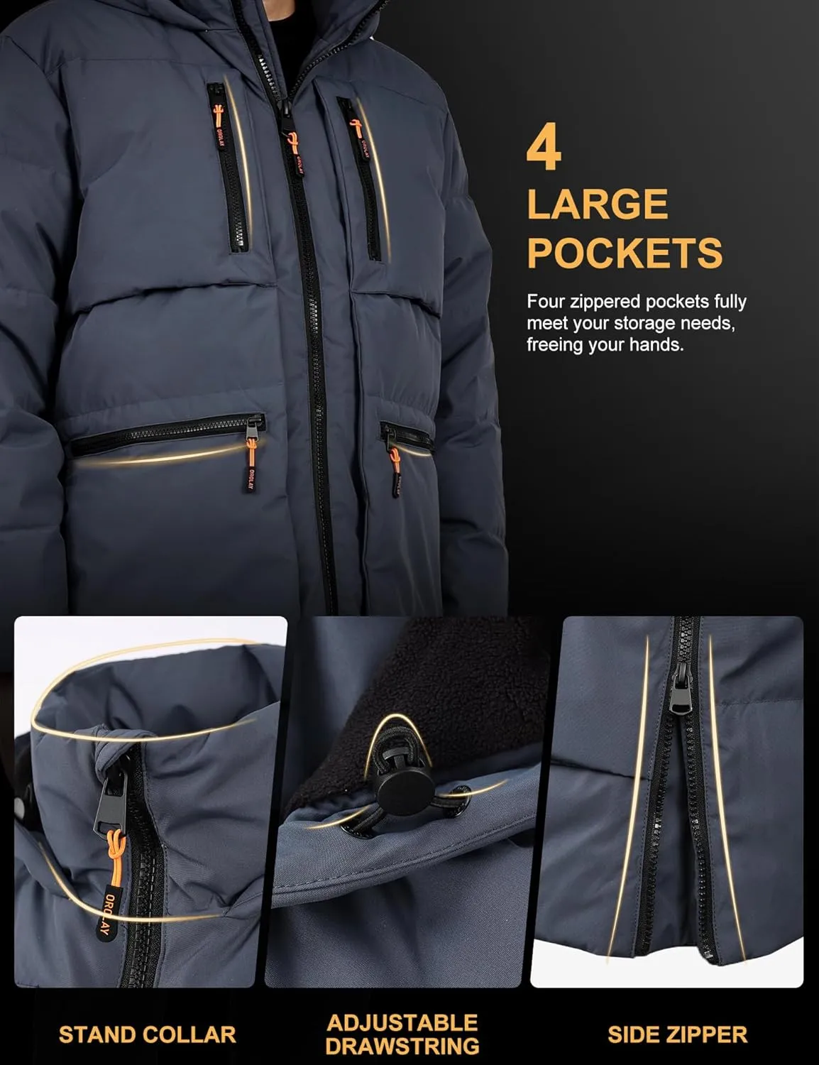 Orolay Men's Thickened Down Jacket Hooded Winter Puffer Jacket with 6 Pockets