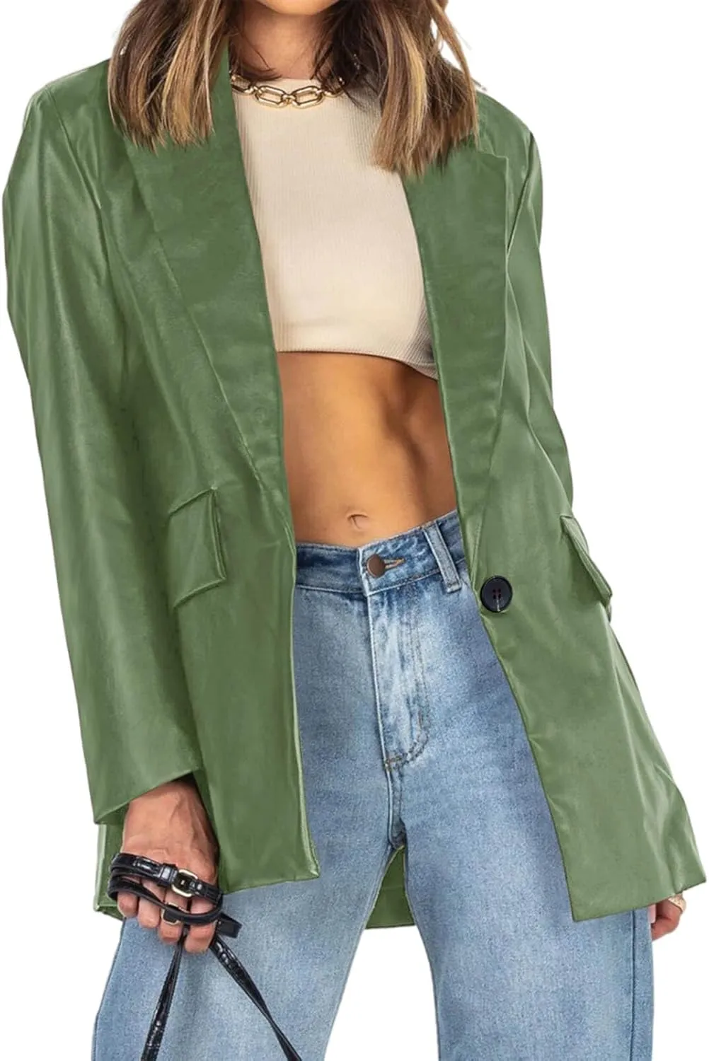 Pepochic Womens Oversized Leather Jacket Long Sleeve Faux Leather Blazer Lapel Button Down Leather Shacket Coat with Pockets