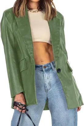Pepochic Womens Oversized Leather Jacket Long Sleeve Faux Leather Blazer Lapel Button Down Leather Shacket Coat with Pockets