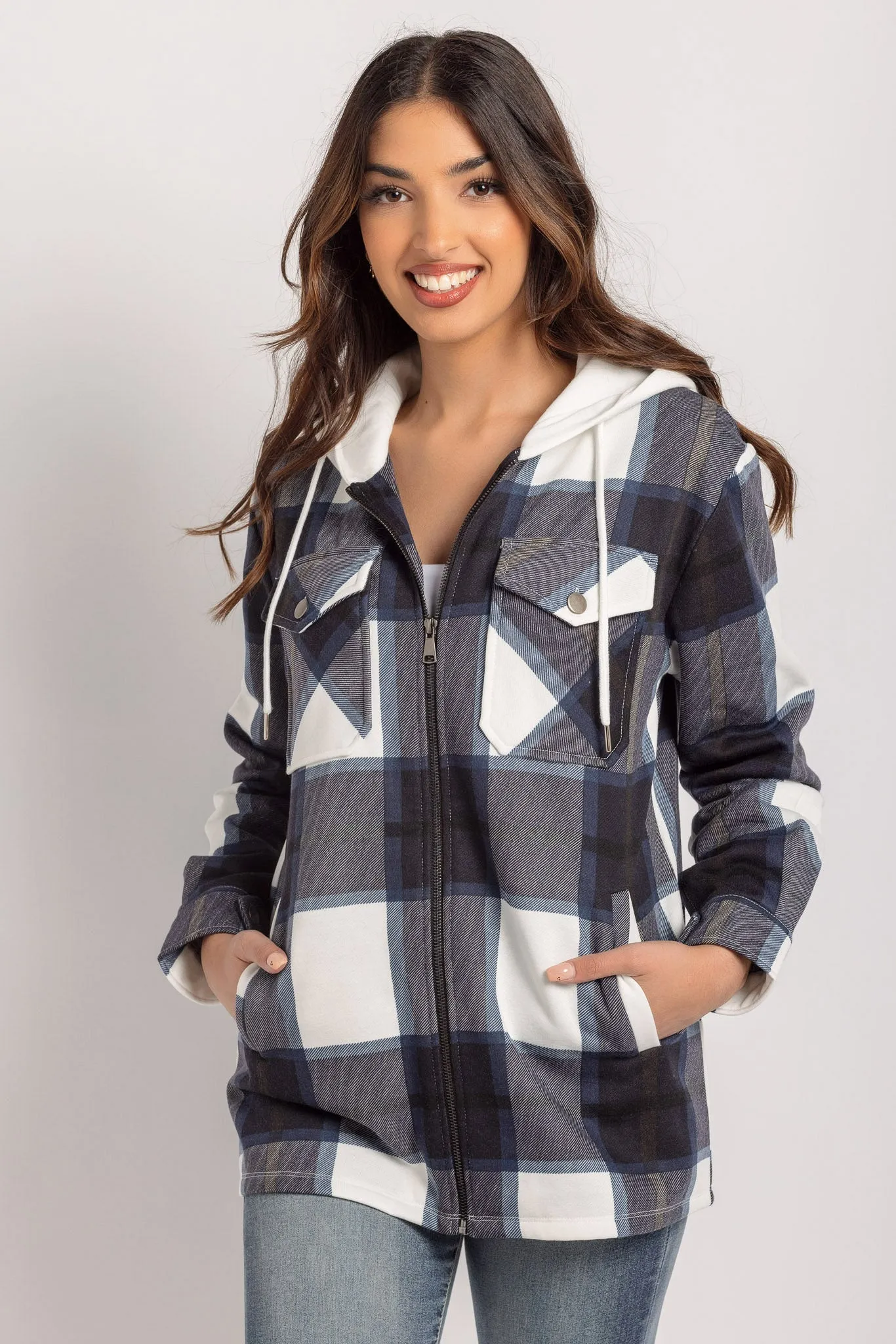 Plaid Fleece Zip-Front Hooded Shirt