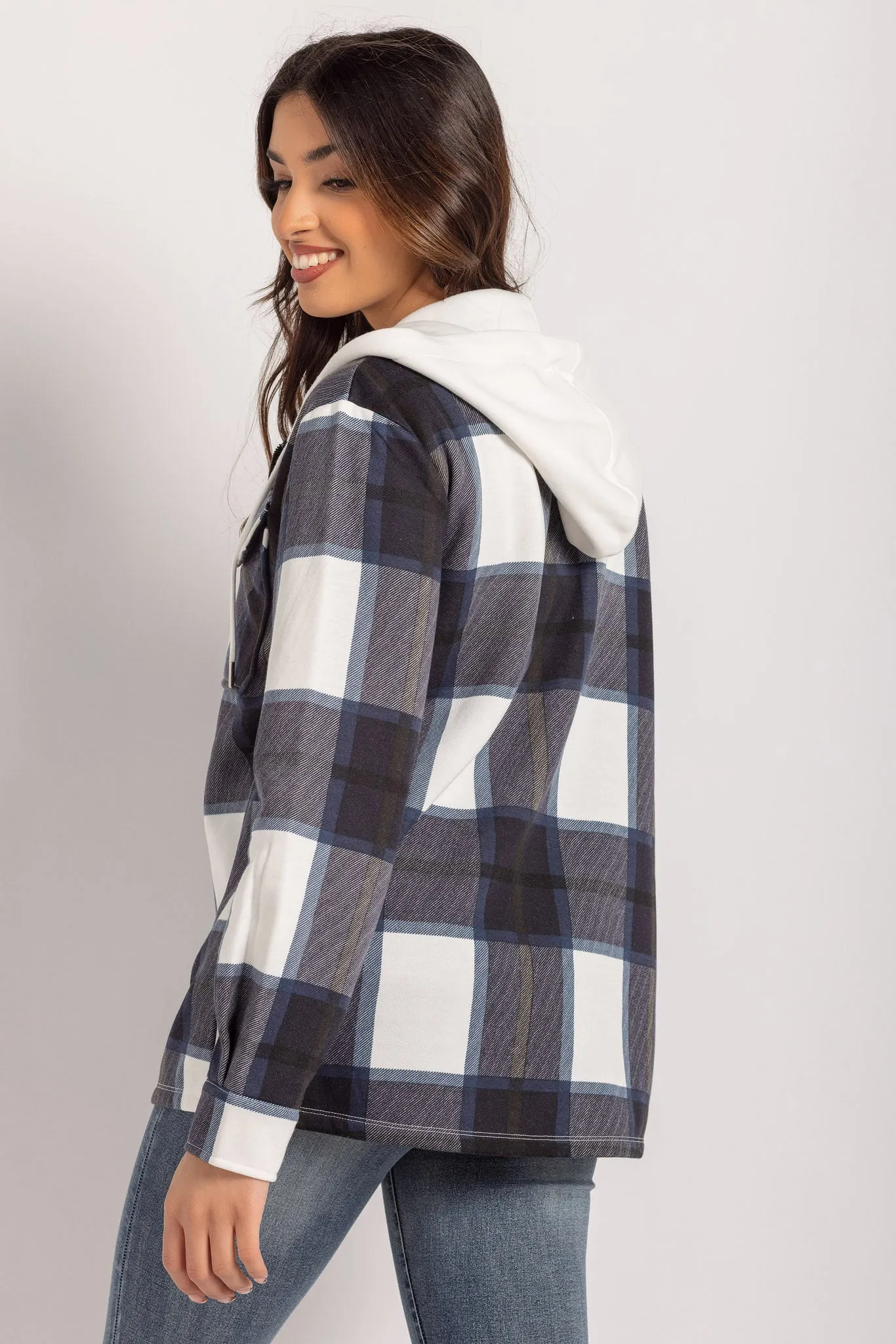 Plaid Fleece Zip-Front Hooded Shirt