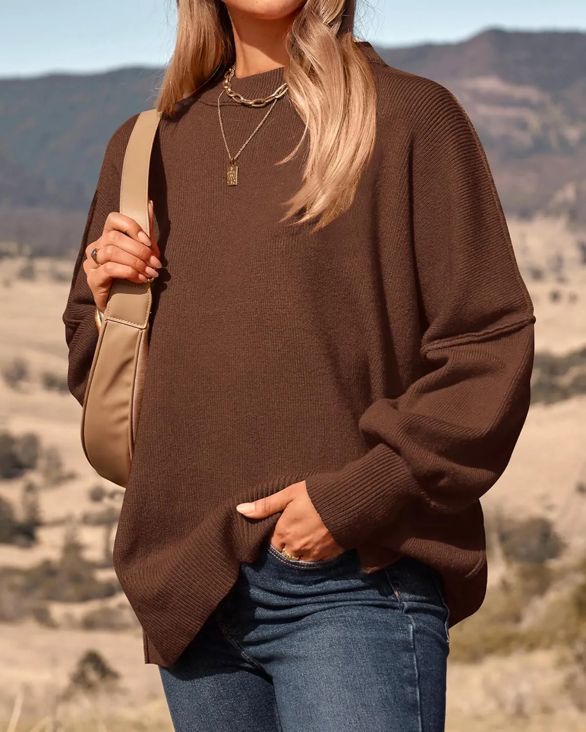 PRETTYGARDEN Women's Oversized Sweater 2025 Casual Fall Outfits Crewneck Long Sleeve Side Slit Chunky Knit Pullover Tops