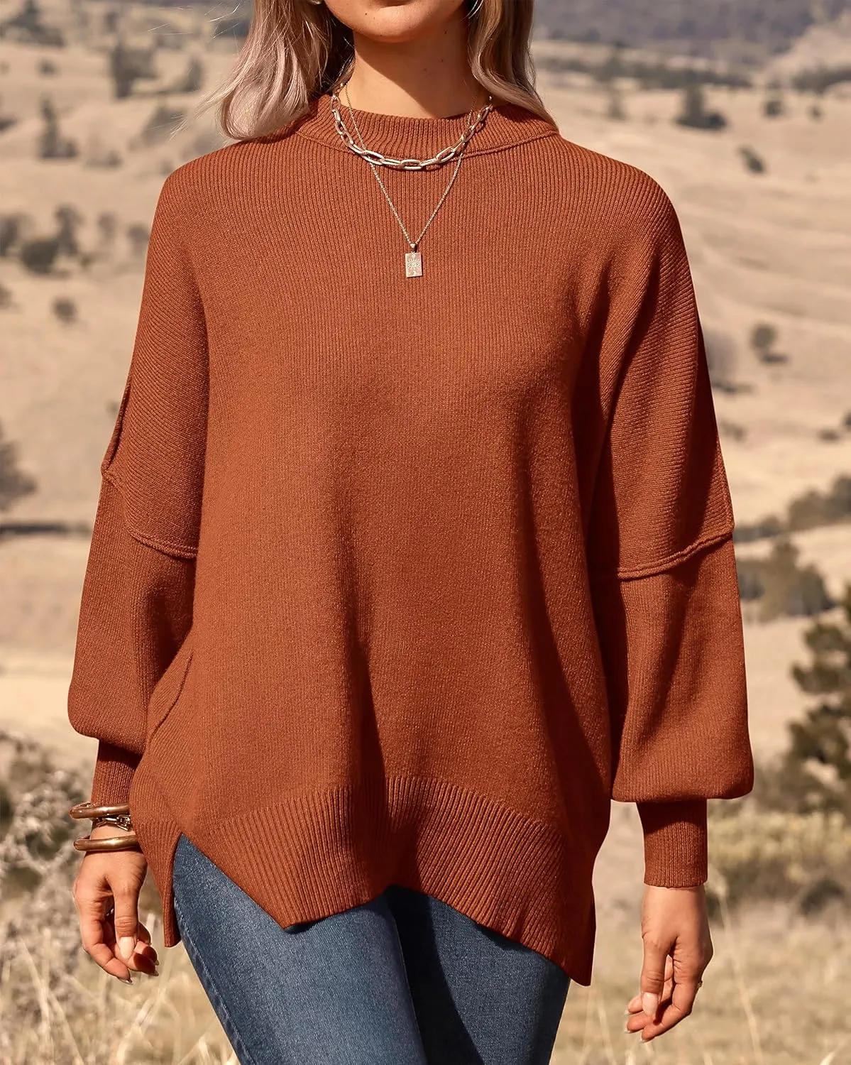 PRETTYGARDEN Women's Oversized Sweater 2025 Casual Fall Outfits Crewneck Long Sleeve Side Slit Chunky Knit Pullover Tops