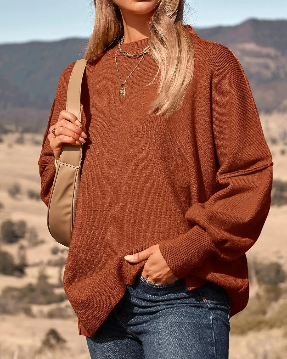 PRETTYGARDEN Women's Oversized Sweater 2025 Casual Fall Outfits Crewneck Long Sleeve Side Slit Chunky Knit Pullover Tops