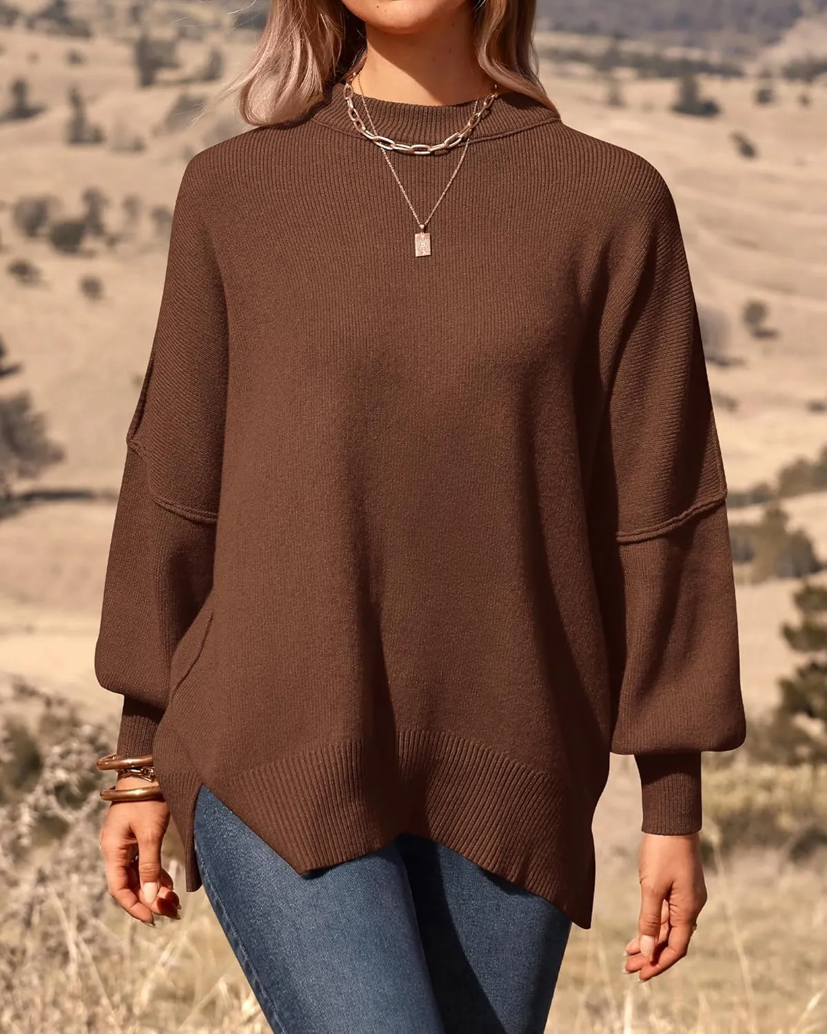 PRETTYGARDEN Women's Oversized Sweater 2025 Casual Fall Outfits Crewneck Long Sleeve Side Slit Chunky Knit Pullover Tops