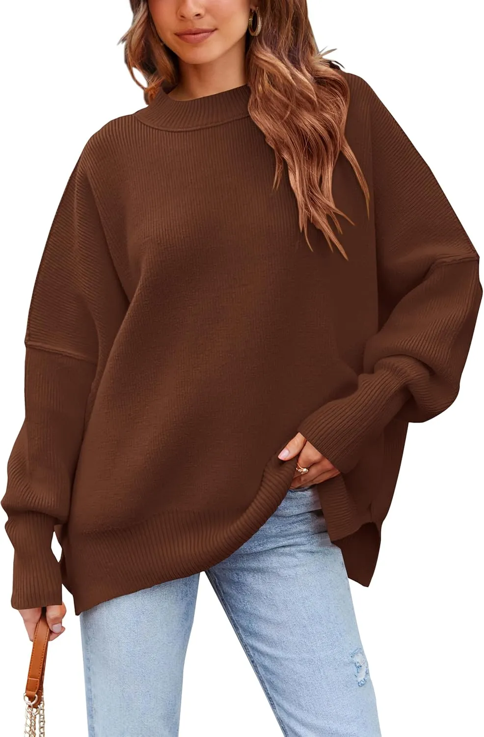 PRETTYGARDEN Women's Oversized Sweater 2025 Casual Fall Outfits Crewneck Long Sleeve Side Slit Chunky Knit Pullover Tops