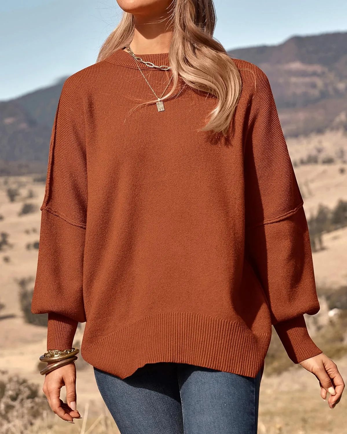 PRETTYGARDEN Women's Oversized Sweater 2025 Casual Fall Outfits Crewneck Long Sleeve Side Slit Chunky Knit Pullover Tops
