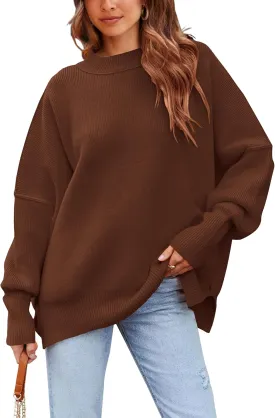 PRETTYGARDEN Women's Oversized Sweater 2025 Casual Fall Outfits Crewneck Long Sleeve Side Slit Chunky Knit Pullover Tops