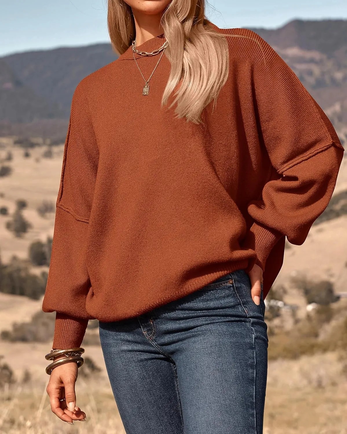 PRETTYGARDEN Women's Oversized Sweater 2025 Casual Fall Outfits Crewneck Long Sleeve Side Slit Chunky Knit Pullover Tops
