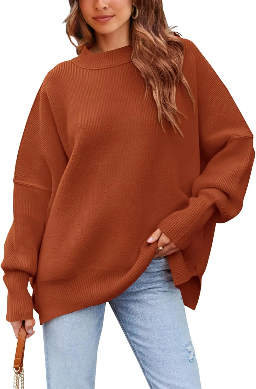 PRETTYGARDEN Women's Oversized Sweater 2025 Casual Fall Outfits Crewneck Long Sleeve Side Slit Chunky Knit Pullover Tops