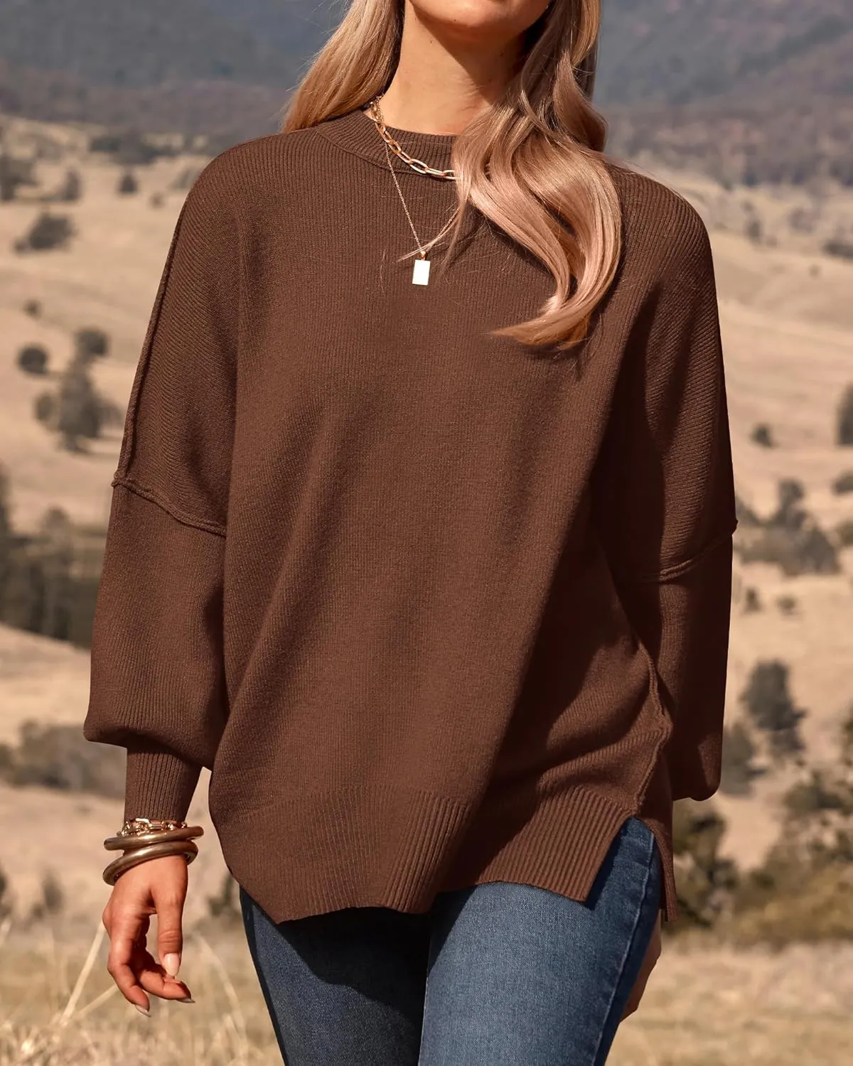 PRETTYGARDEN Women's Oversized Sweater 2025 Casual Fall Outfits Crewneck Long Sleeve Side Slit Chunky Knit Pullover Tops