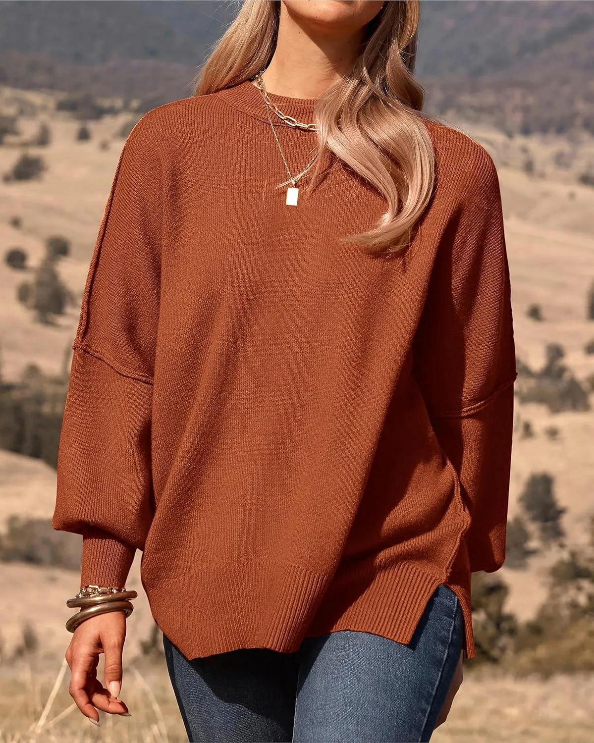 PRETTYGARDEN Women's Oversized Sweater 2025 Casual Fall Outfits Crewneck Long Sleeve Side Slit Chunky Knit Pullover Tops