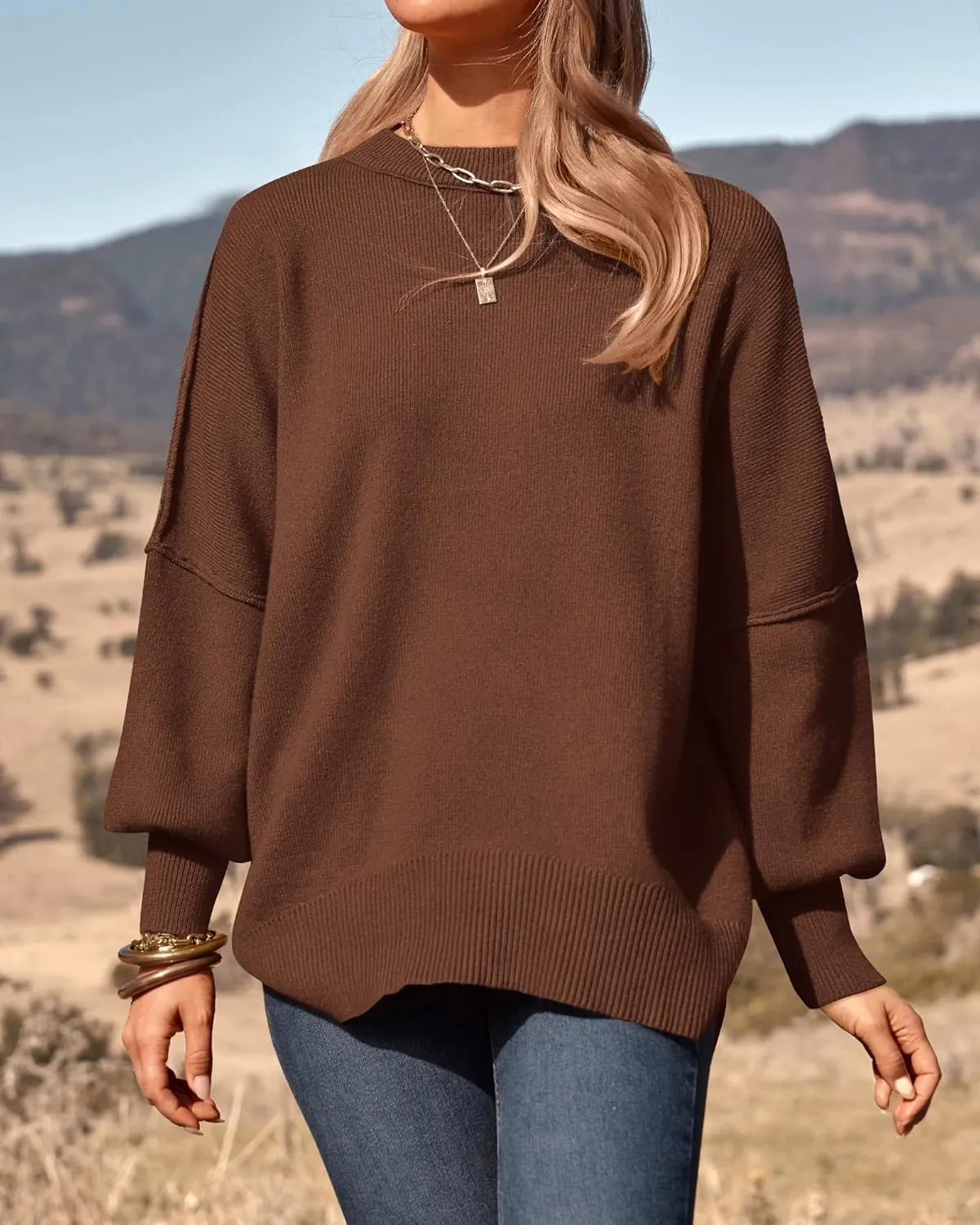 PRETTYGARDEN Women's Oversized Sweater 2025 Casual Fall Outfits Crewneck Long Sleeve Side Slit Chunky Knit Pullover Tops