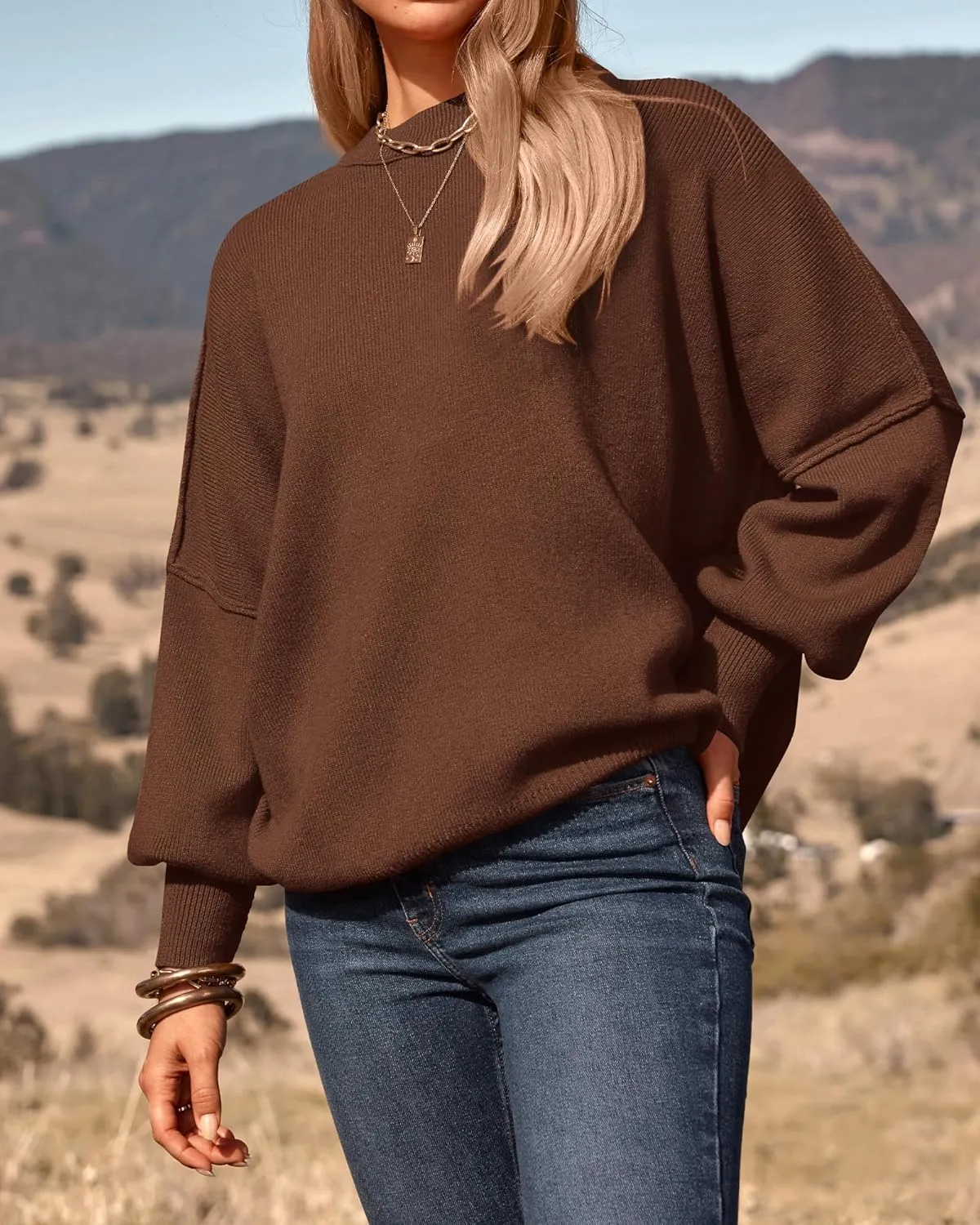 PRETTYGARDEN Women's Oversized Sweater 2025 Casual Fall Outfits Crewneck Long Sleeve Side Slit Chunky Knit Pullover Tops