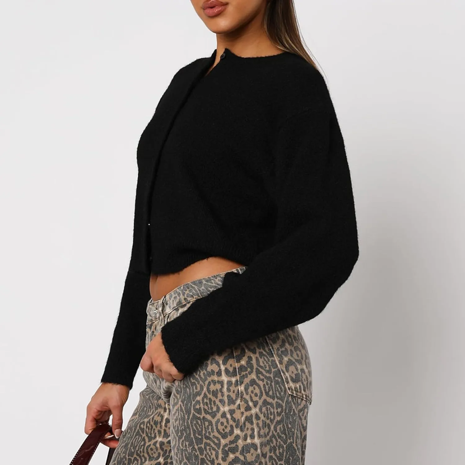 RUEWEY Women Y2k Crew Neck Button Down Long Sleeve Cropped Cardigan Knitted Sweater Light Jacket