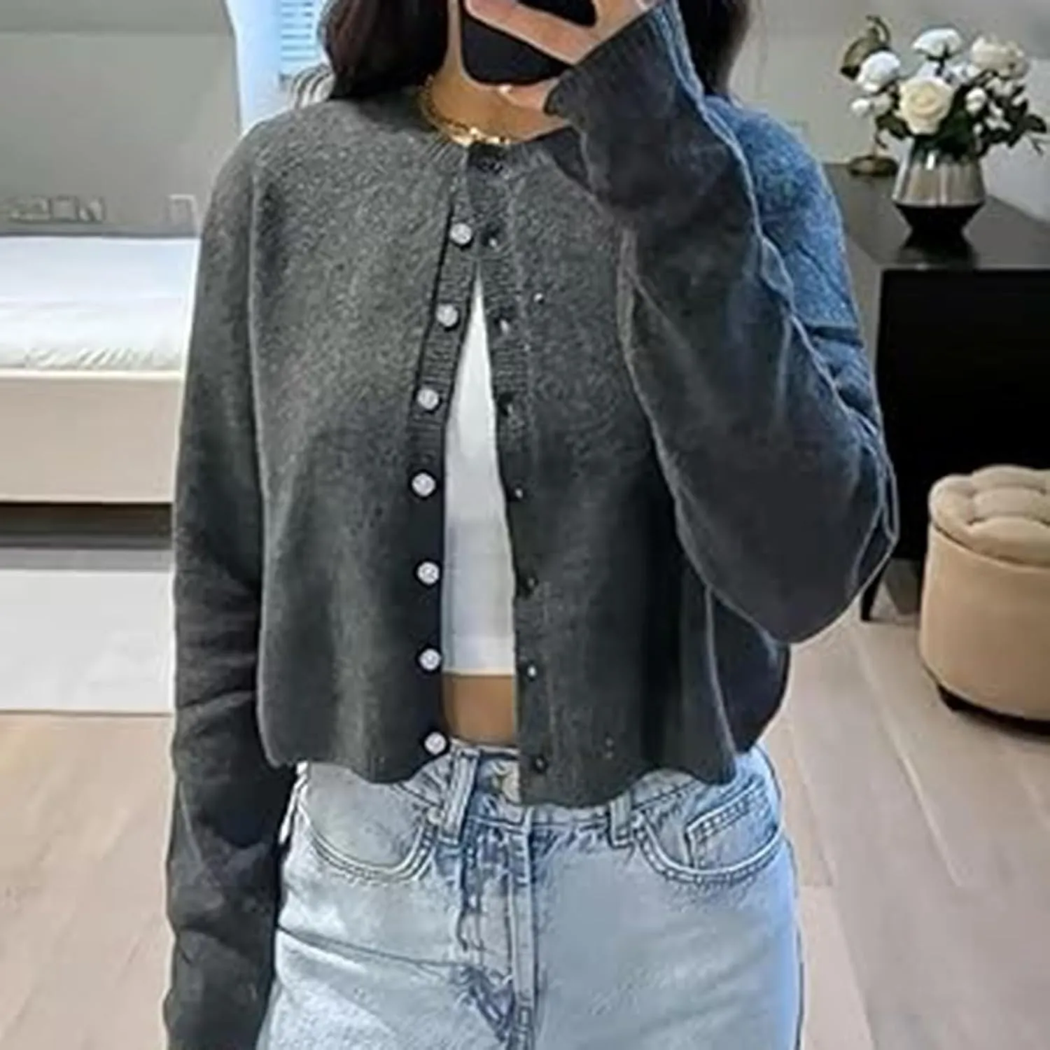 RUEWEY Women Y2k Crew Neck Button Down Long Sleeve Cropped Cardigan Knitted Sweater Light Jacket