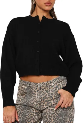 RUEWEY Women Y2k Crew Neck Button Down Long Sleeve Cropped Cardigan Knitted Sweater Light Jacket