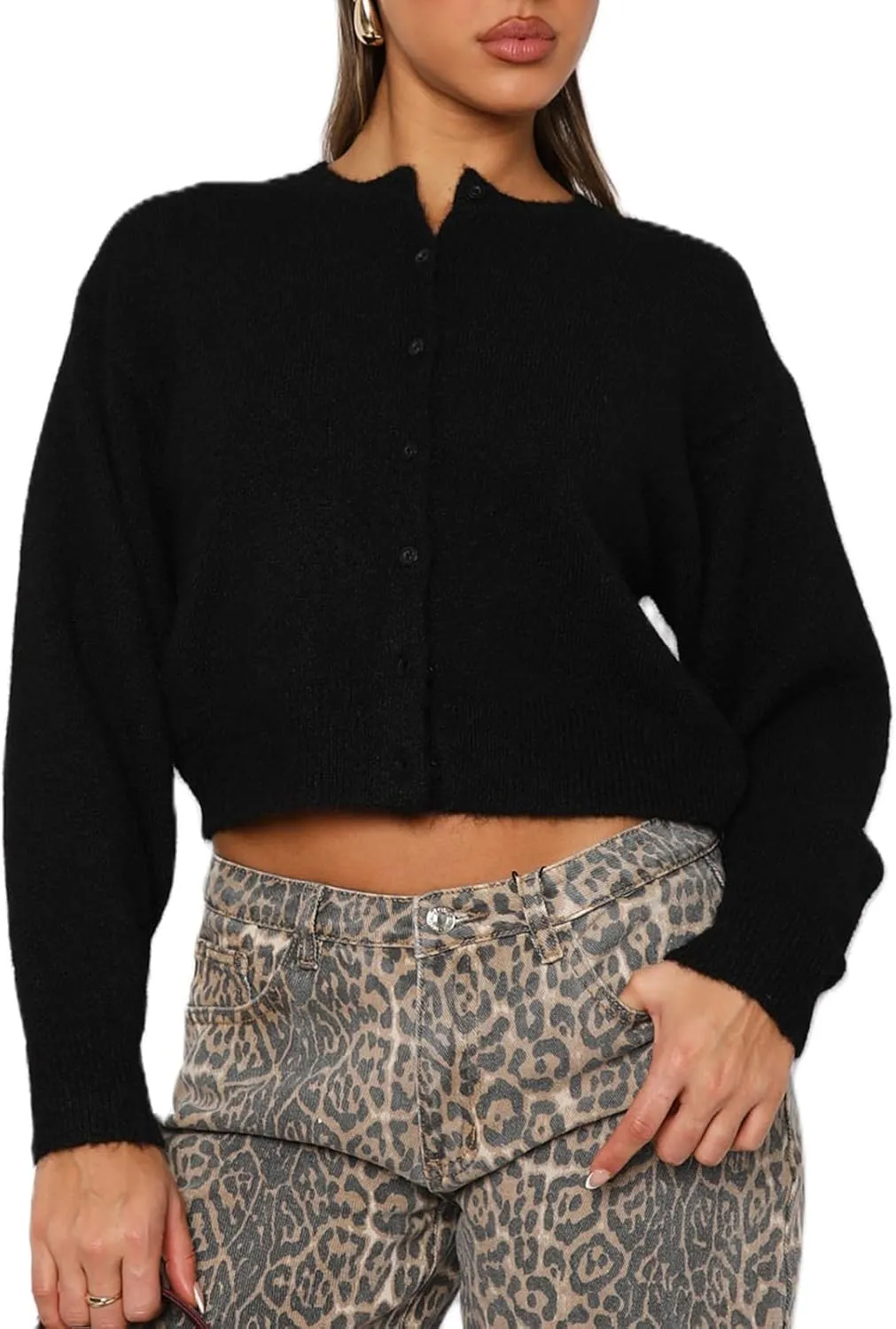 RUEWEY Women Y2k Crew Neck Button Down Long Sleeve Cropped Cardigan Knitted Sweater Light Jacket