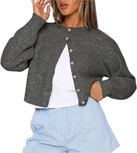 RUEWEY Women Y2k Crew Neck Button Down Long Sleeve Cropped Cardigan Knitted Sweater Light Jacket