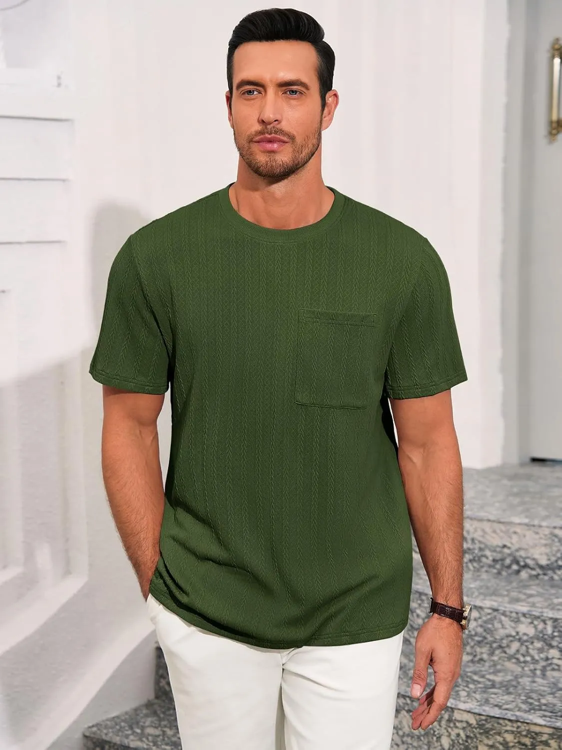 Runcati Mens Short Sleeve T-Shirts Casual Knit Texture Crewneck Pocket Tee Tops Loose Fit Summer Shirt