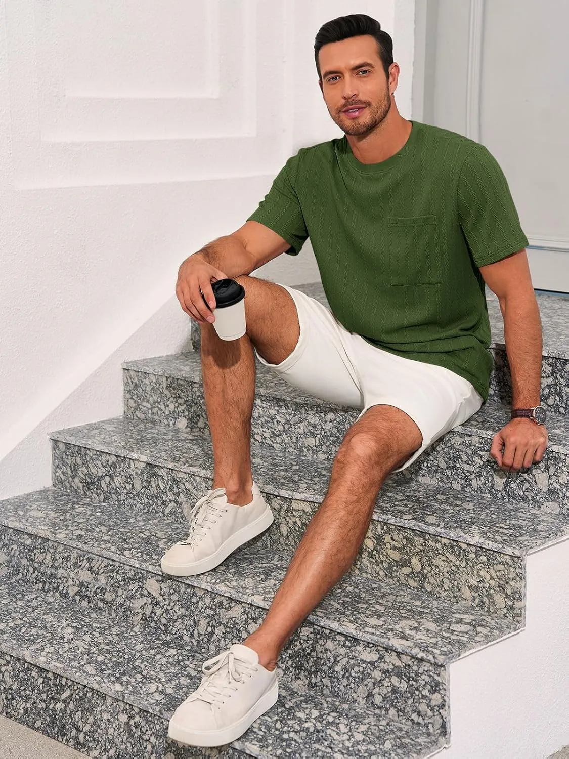 Runcati Mens Short Sleeve T-Shirts Casual Knit Texture Crewneck Pocket Tee Tops Loose Fit Summer Shirt