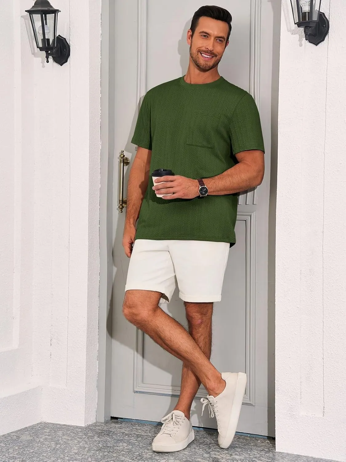 Runcati Mens Short Sleeve T-Shirts Casual Knit Texture Crewneck Pocket Tee Tops Loose Fit Summer Shirt