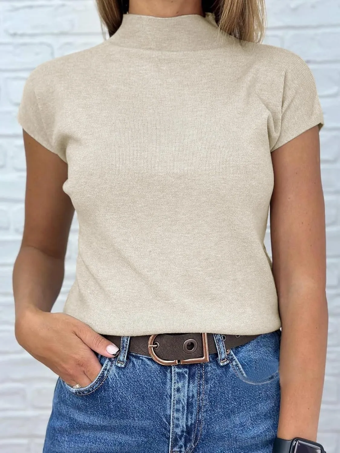 Saodimallsu Womens Short Sleeve Sweater Mock Neck Summer Casual Basic Knit Slim Fitted Pullover Tops Shirt