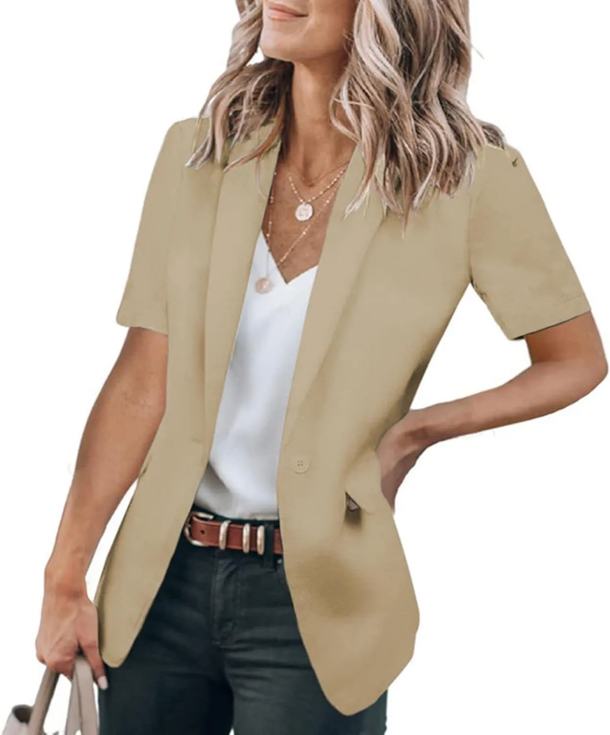 Short Sleeve Blazers for Women Lapel Open Front Office Blazers One Button Casual Summer Blazer Business Suits