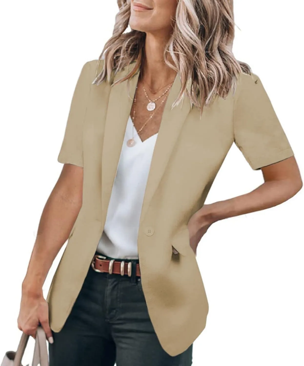 Short Sleeve Blazers for Women Lapel Open Front Office Blazers One Button Casual Summer Blazer Business Suits