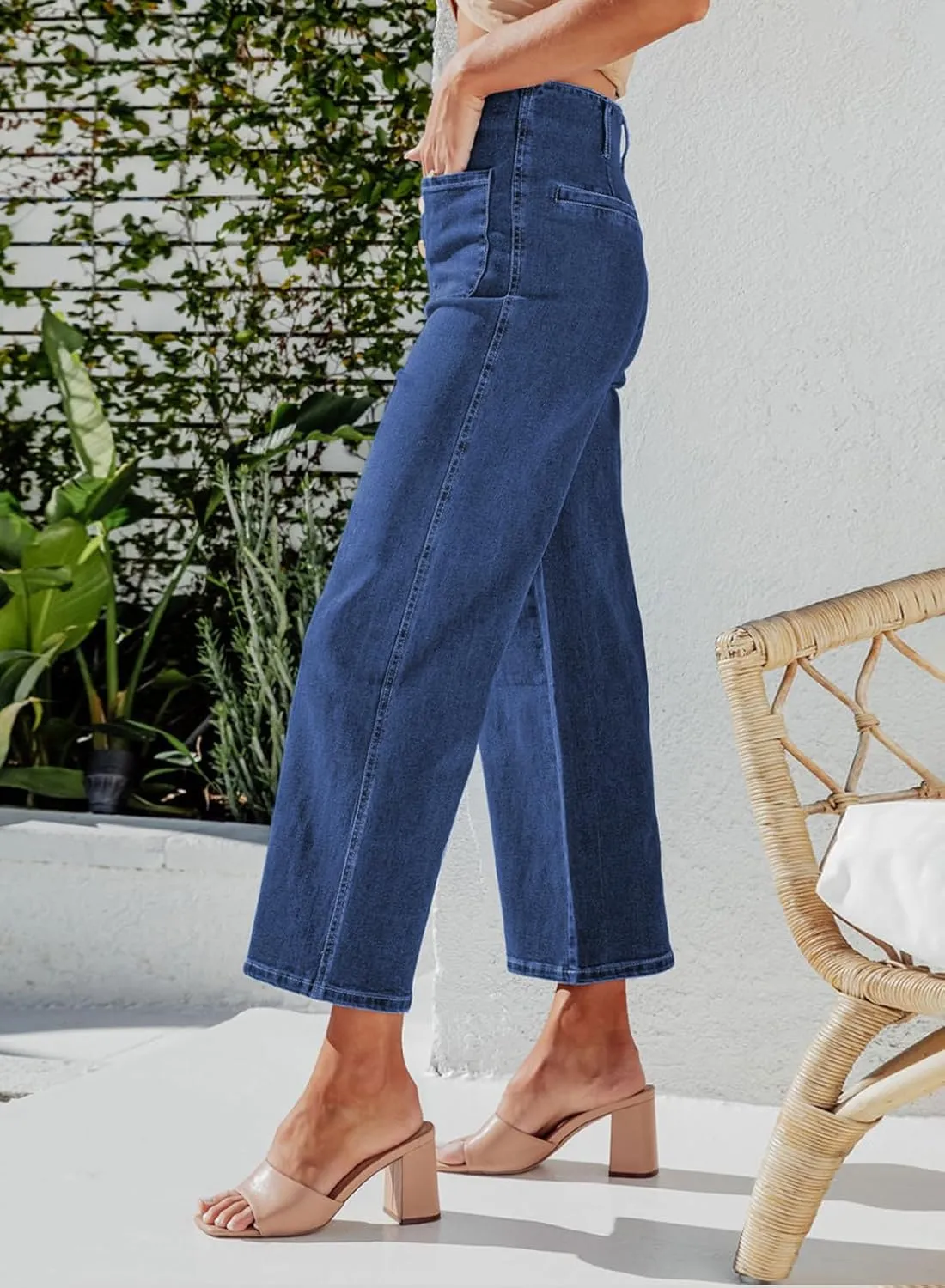 Sidefeel Women's Wide Leg Jeans High Waisted Zimbaplatinum Stretchy Straight Leg Jeans Buttoned Loose Denim Pants with Pocket