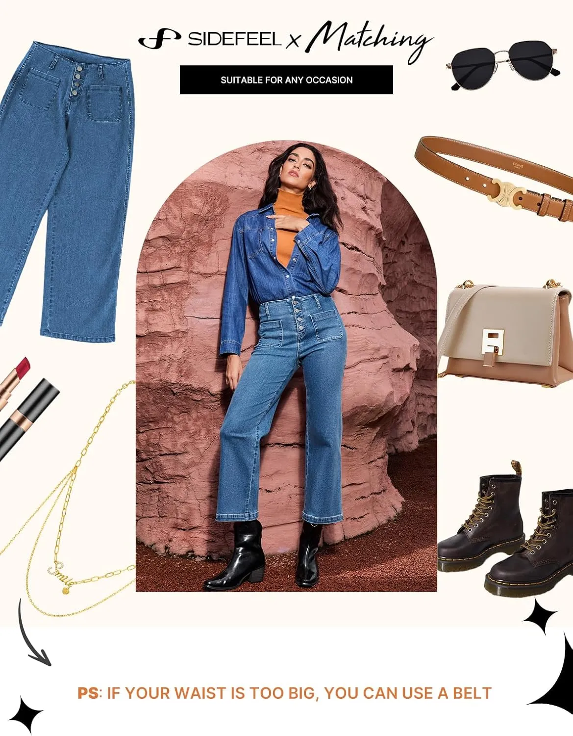 Sidefeel Women's Wide Leg Jeans High Waisted Zimbaplatinum Stretchy Straight Leg Jeans Buttoned Loose Denim Pants with Pocket