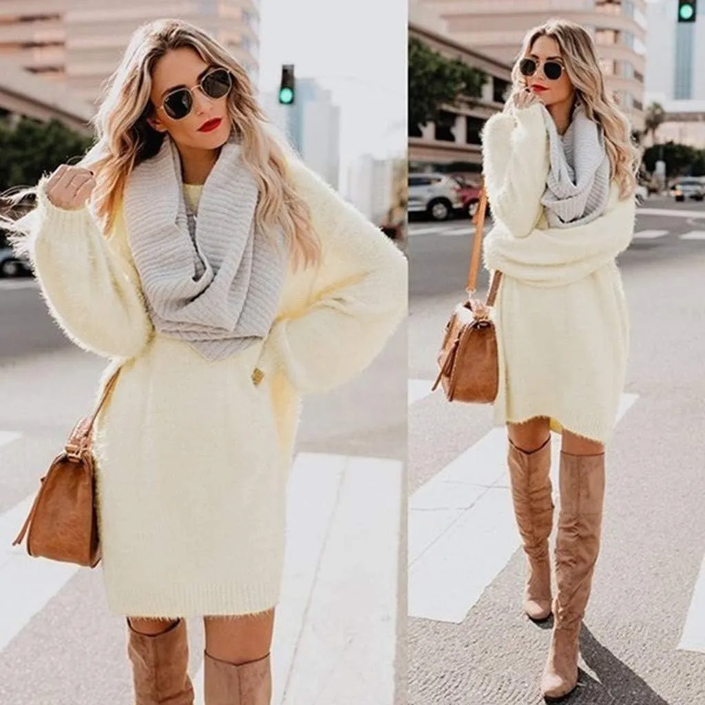 Sweater Dress for Women Oversized Crewneck Long Sleeve Mini Dress Solid Chunky Knit Sweater 2024 Fall Winter Pullover