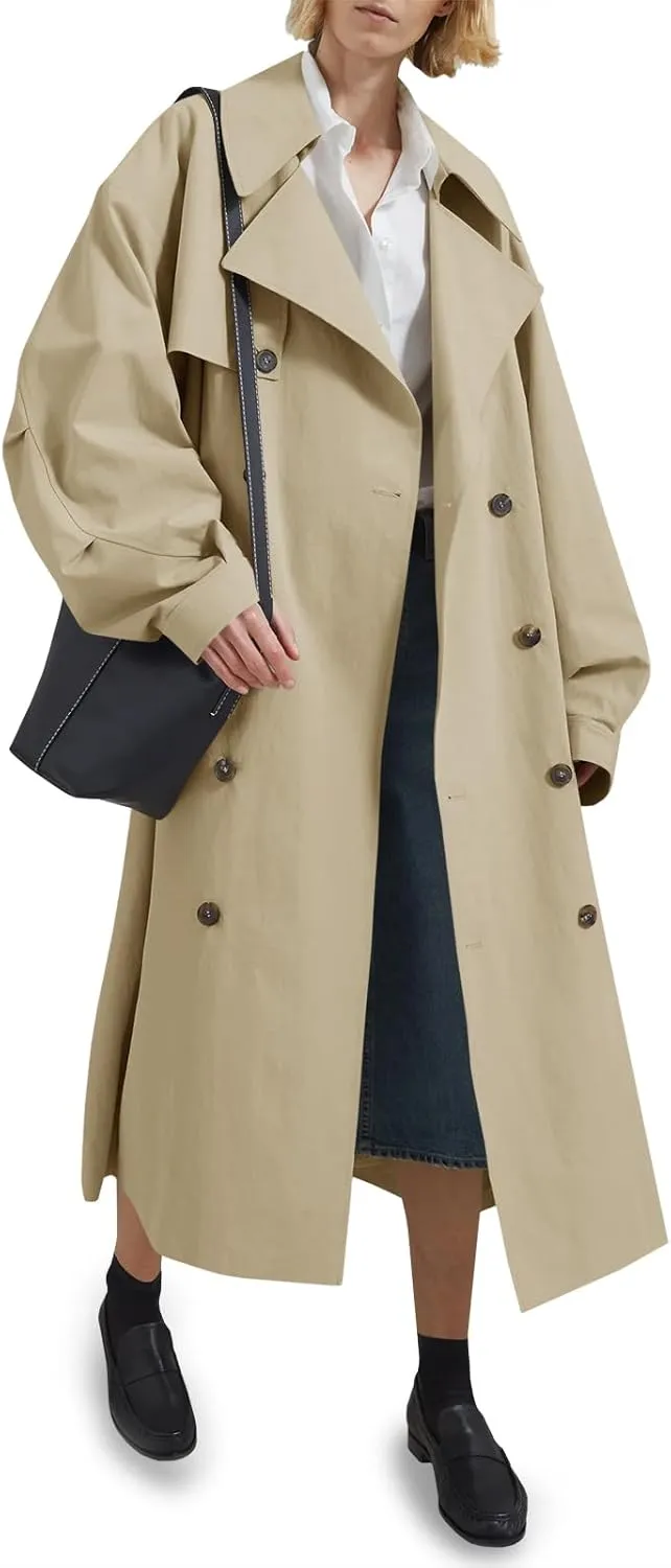 Tankaneo Womens Double Breasted Long Trench Coat Oversized Classic Lapel Belted Overcoat