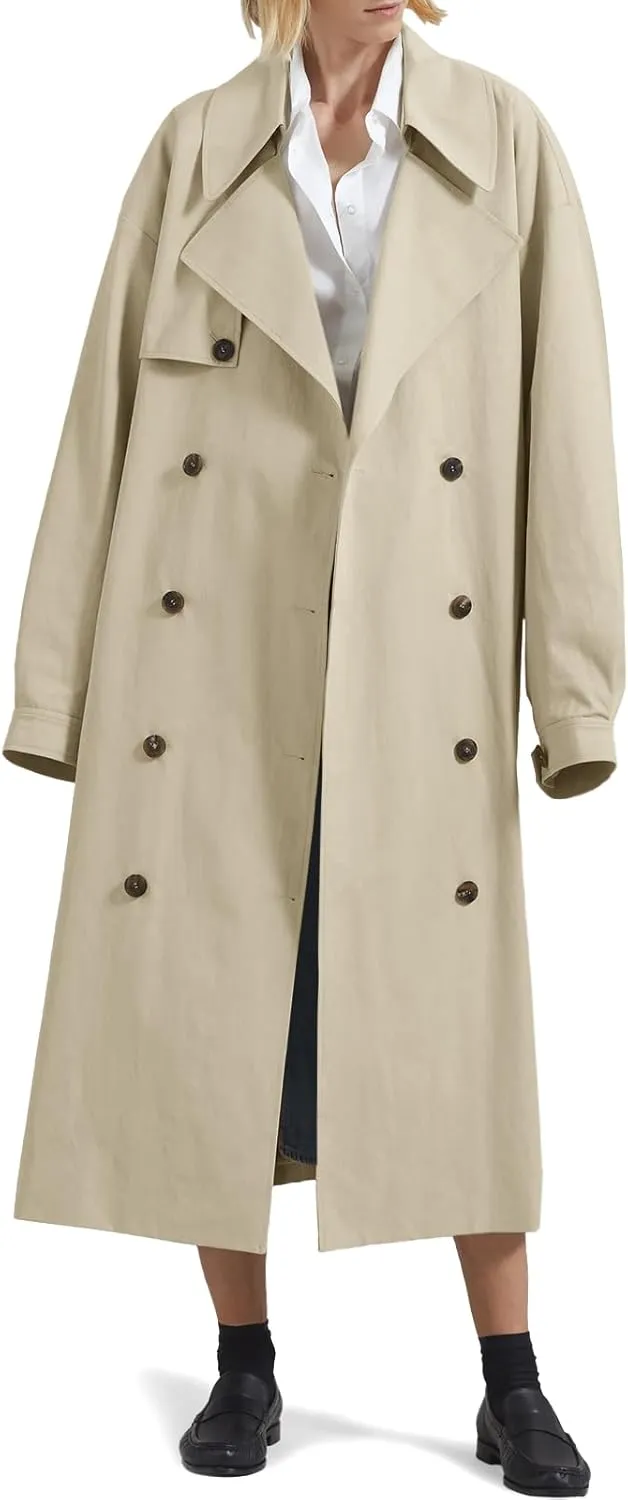 Tankaneo Womens Double Breasted Long Trench Coat Oversized Classic Lapel Belted Overcoat