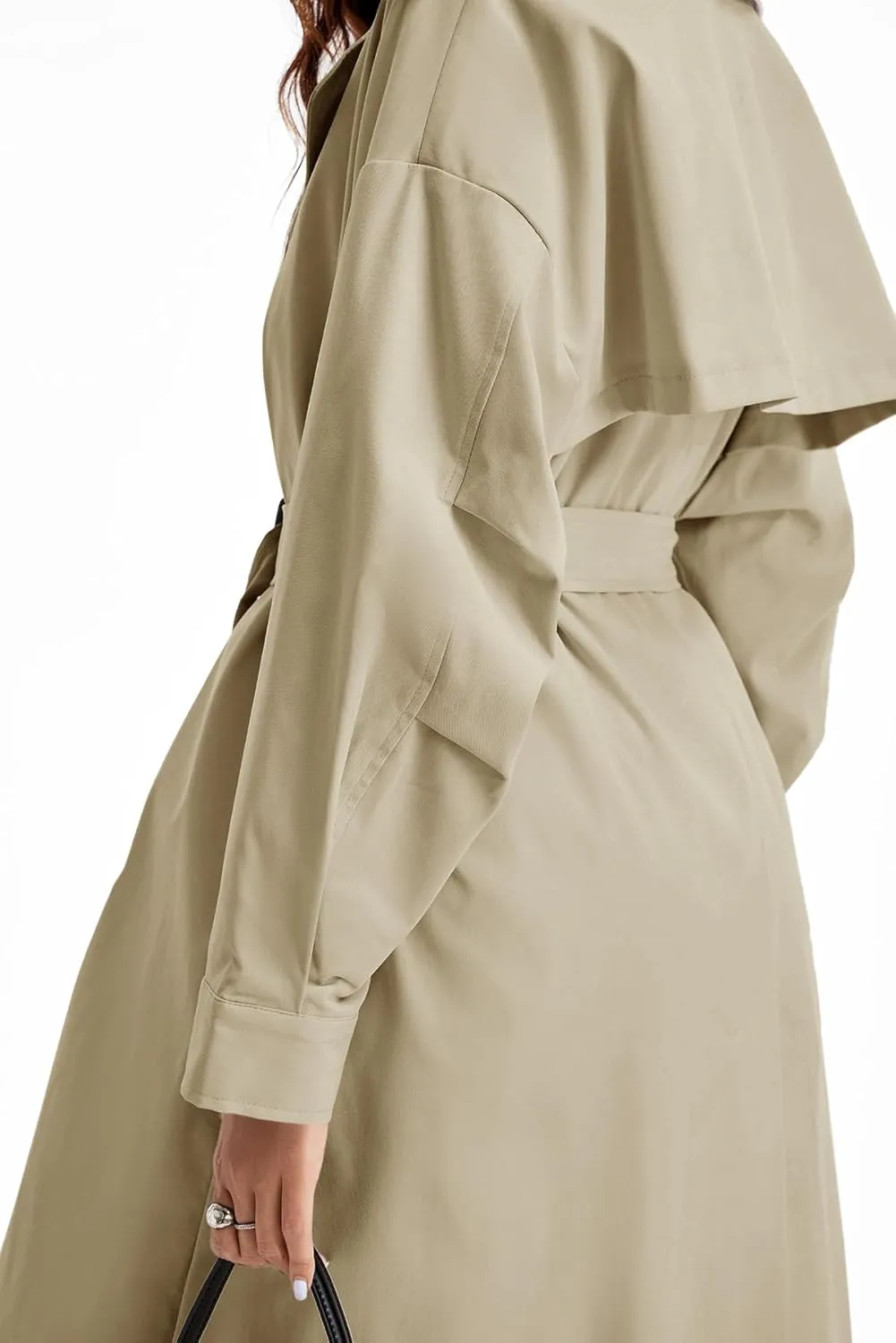 Tankaneo Womens Double Breasted Long Trench Coat Oversized Classic Lapel Belted Overcoat