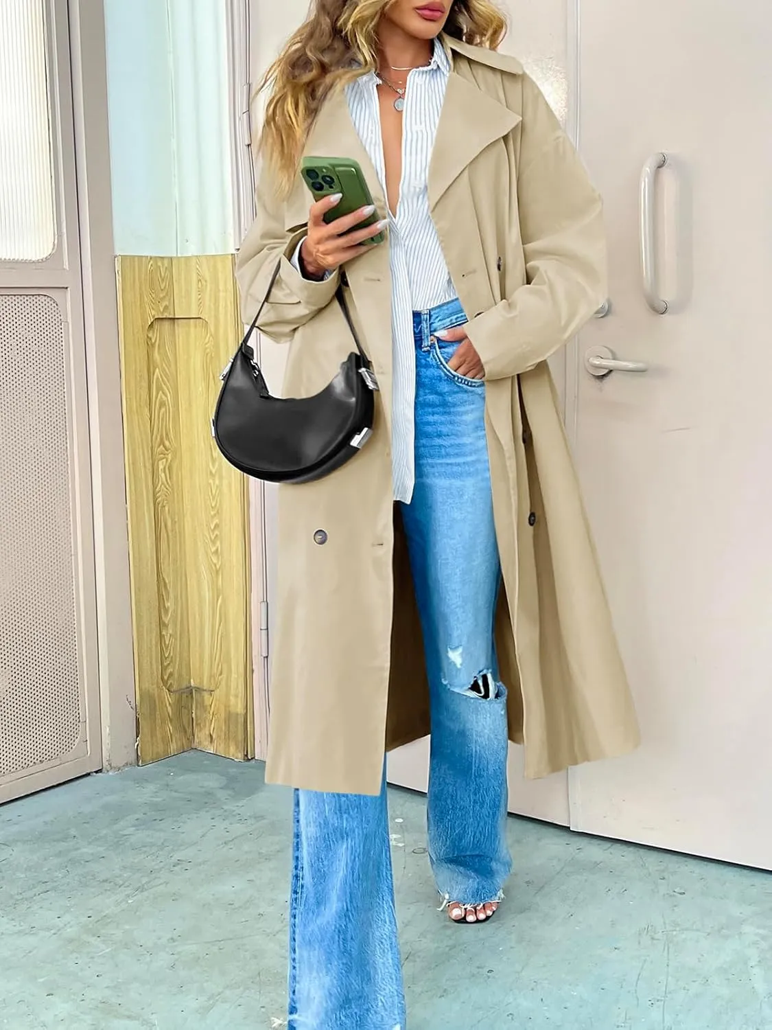 Tankaneo Womens Double Breasted Long Trench Coat Oversized Classic Lapel Belted Overcoat