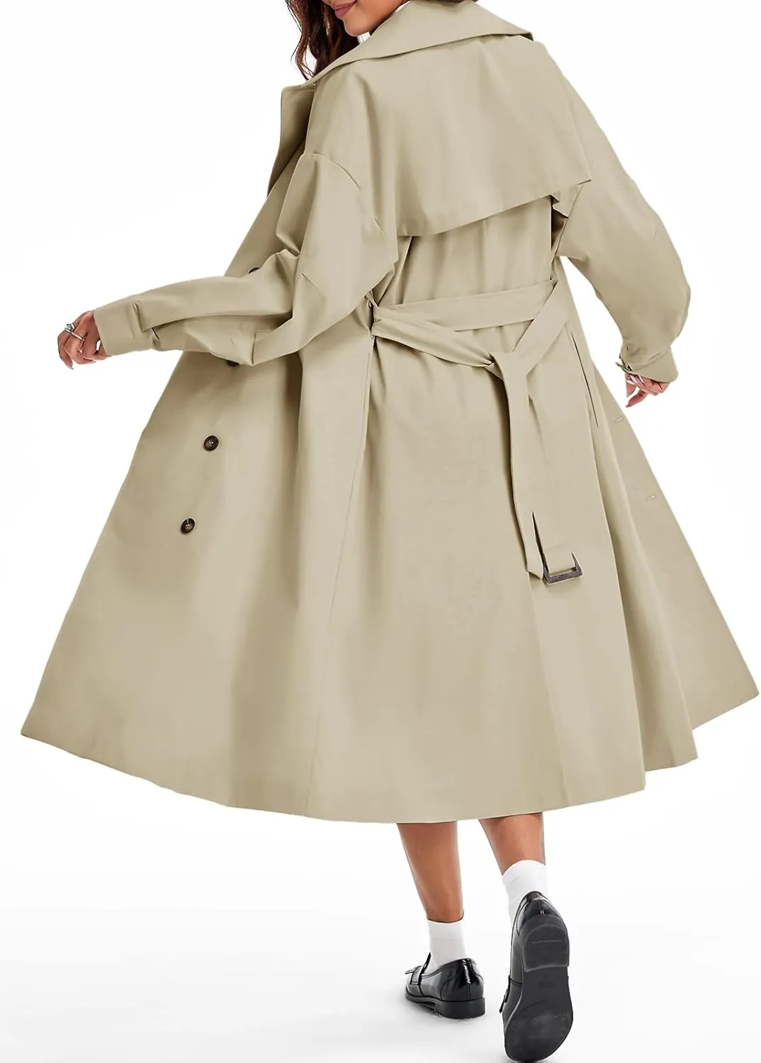 Tankaneo Womens Double Breasted Long Trench Coat Oversized Classic Lapel Belted Overcoat