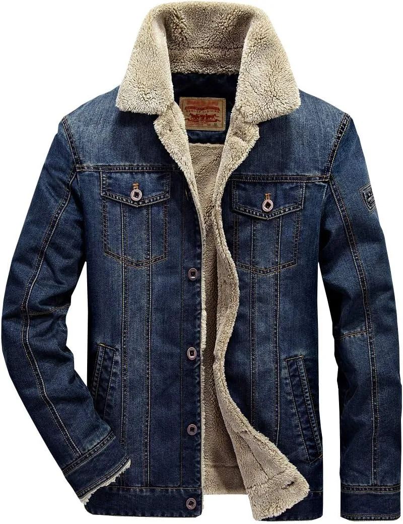 TRENDY XU Men's Slim Fit Fleece Faux Fur Lined Jean Coat For Winter