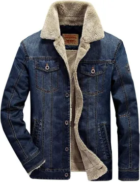 TRENDY XU Men's Slim Fit Fleece Faux Fur Lined Jean Coat For Winter