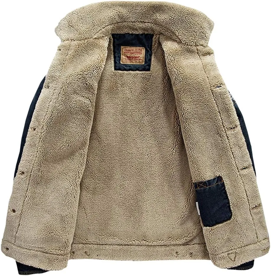 TRENDY XU Men's Slim Fit Fleece Faux Fur Lined Jean Coat For Winter