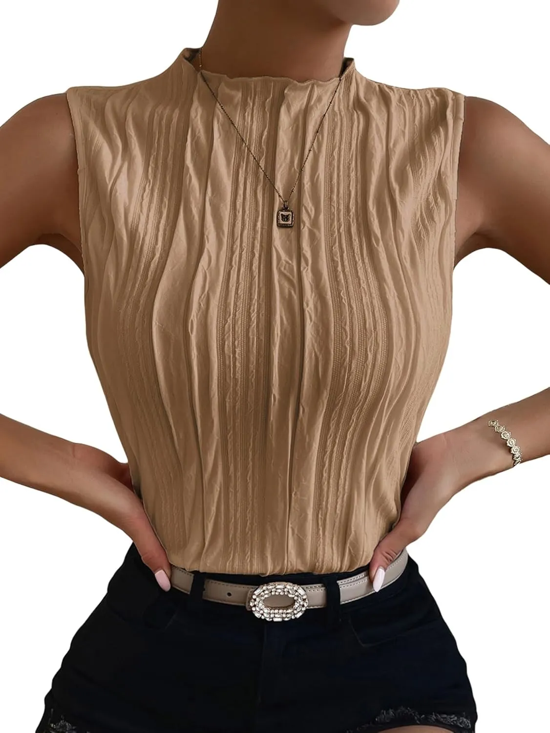 Verdusa Women's Sleeveless Mock Neck Textured Tank Top