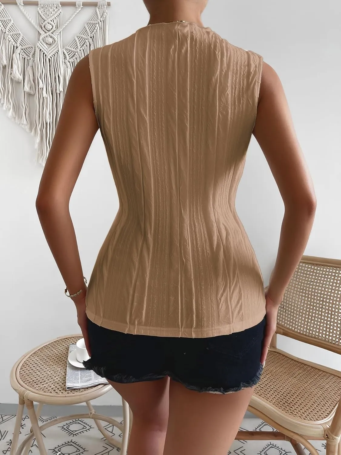 Verdusa Women's Sleeveless Mock Neck Textured Tank Top