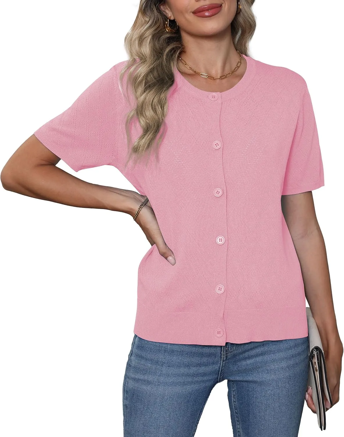 VIISHOW Women's Summer Lightweight Short Sleeve Cardigan Crochet Knit Shrug Open Front Crew Neck Button Up Casual Tops