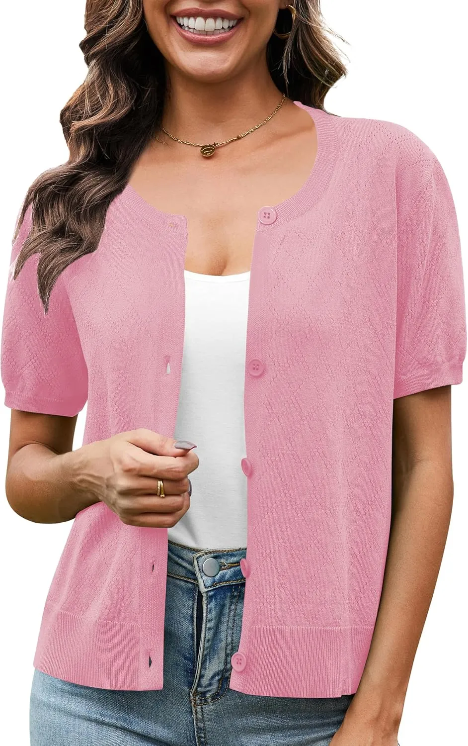 VIISHOW Women's Summer Lightweight Short Sleeve Cardigan Crochet Knit Shrug Open Front Crew Neck Button Up Casual Tops