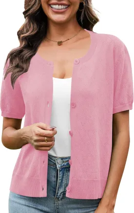 VIISHOW Women's Summer Lightweight Short Sleeve Cardigan Crochet Knit Shrug Open Front Crew Neck Button Up Casual Tops