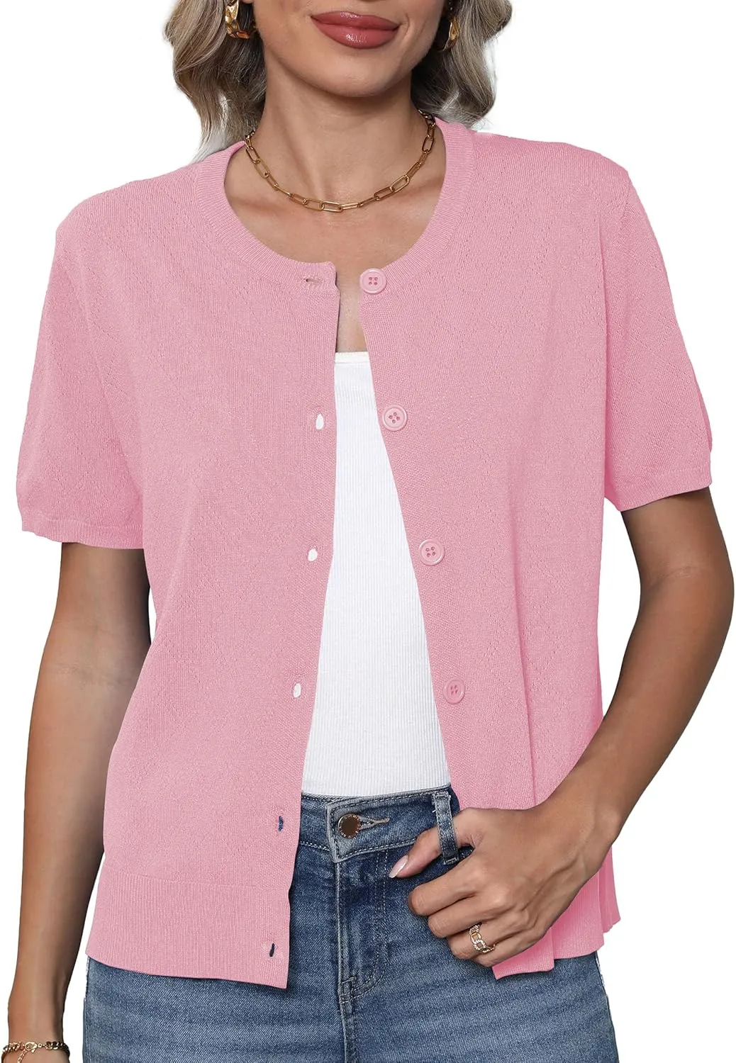 VIISHOW Women's Summer Lightweight Short Sleeve Cardigan Crochet Knit Shrug Open Front Crew Neck Button Up Casual Tops