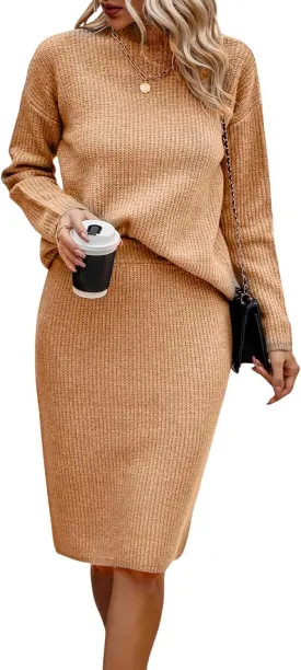 Women 2 Piece Knit Sweater Skirt Set Midi Sweater Dress Long Sleeve Pullover Bodycon Knitted Skirt Set Outfit